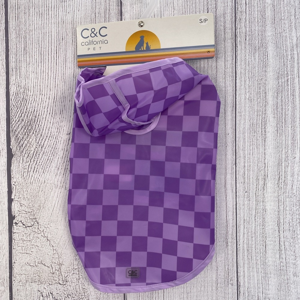C&C California Dog Rain Coat SMALL Purple Checkered Waterproof Hooded Jacket